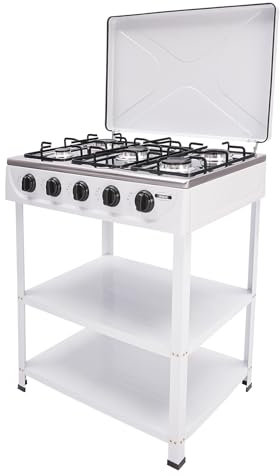 Cocina de gas natural con 5 llamas portátil de gas natural, adecuada para camping, pesca, viajes, 64 x 44,5 x 16,5 cm (blanco)