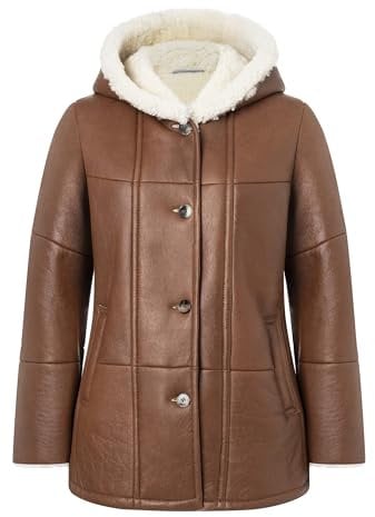 Valcuer 1887 Damen Lammfelljacke VIVI aus echtem Leder, Lammfell, Fell, warme Winterjacke mit Kapuze - bequem, warm und hochwertig in Cognac (Braun), in Gr. 36