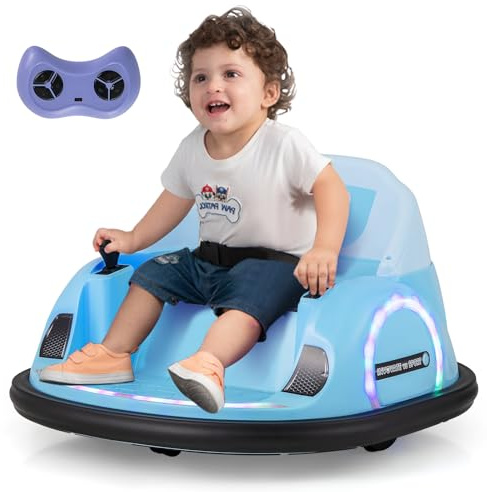 COSTWAY 6V Auto Tamponneuse Électrique Enfant avec Télécommande, Voiture Tournante Bébé 360°avec Lumières LED & Musique & Son du Klaxon, Démarrage Lent, Charge 25kg pour Enfants de 18 Mois+ (Bleu)