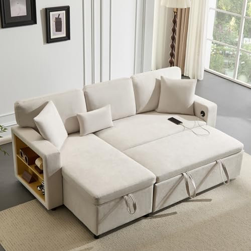 Zubaliya Canapé d'angle Convertible avec Port de Chargement USB et Coussins,canapé Convertible 3 Places avec étagères latérales et Espace de Rangement,Velours,Beige