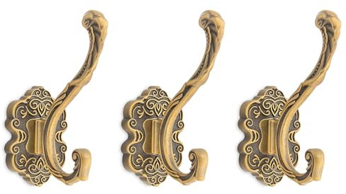 RIXIGOOD Vintage Coat Hooks Wall Mount, Unique Heavy Duty Wall Hooks for Hanging Towel Key Purse Hat Robe Clothes Decorative Hook for Bathroom Shower Closet Entryway Antique Brass 3 Pack