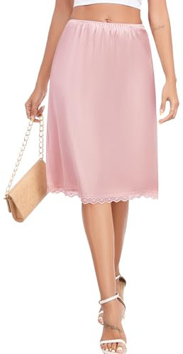 Vlazom Jupon Femme Longue Satin sous-Robe avec Bordure en Dentelle Délicate Fond de Jupe Taille Élastique,Rose Clair,L