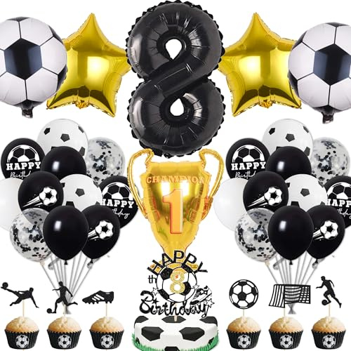 Fussball Deko Geburtstag Kinder 8 Jahre Junge - 8. Geburtstagsdeko Luftballons Fußball Folienballon, Tortendeko und XXL Zahlenballon zum Kindergeburtstag Party Dekoration