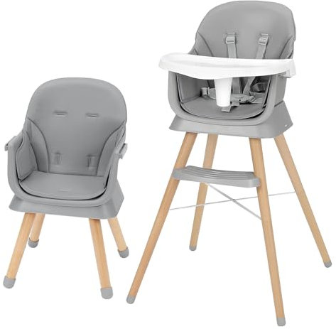 Hochstuhl Baby, Kinderhochstuhl, Babystuhl, Kombihochstuhl, Beine aus Holz, umwandelbar zu Sitzerhöhung & Barhocker, mit 5-Punkt-Gurt und abnehmbare Tablett (Grau)