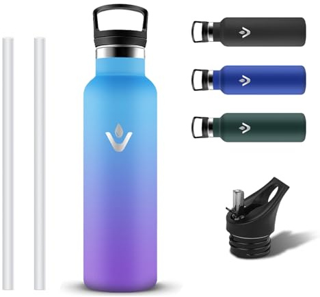 Grsta Trinkflasche Edelstahl, Thermosflasche 500ml mit 2 Deckel, BPA-frei Trinkflasche Kinder, Thermoskanne mit Strohhalm, Auslaufsicher Wasserflasche Kohlensäure Geeignet für Reisen, Fitness, Büro
