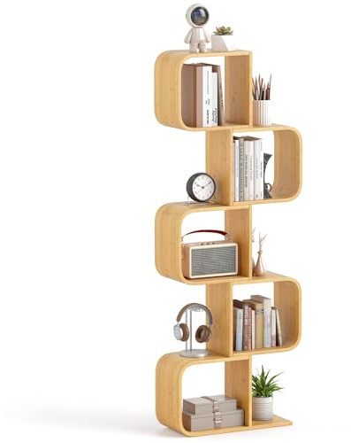 COSTWAY Bücherregal S-förmig, Standregal aus Bambus Würfelregal, Geometrisches Dekoregal Bambusregal für Wohnzimmer, Arbeitszimmer, Büro