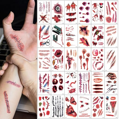ZYEKIU 30 Pezzi Adesivi per Tatuaggi di Halloween Viso Realistico, Trucco Halloween Zombie Tatuaggi, Ferite Finte Impermeabili Scar Sticker, per Bambini e Adulti Halloween Cosplay