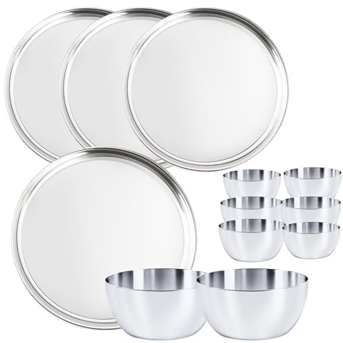 WG inc Stainless Steel Plates and Bowls Set, 12 Pcs Dinnerware Set, Metal Reusable Heavy Kitchen Dinner Plates, Snacks Cereal Dessert Bowls, Camping Dishes, Dishwasher Safe & BPA Free