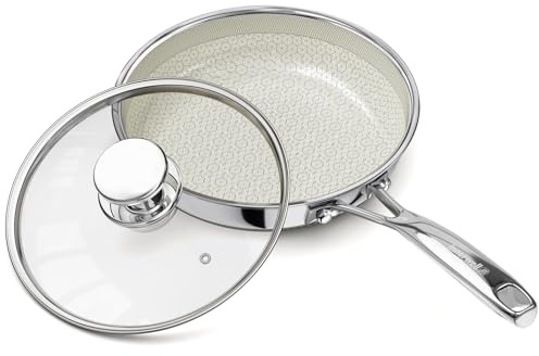 Innerwell 20 cm Non Stick Frying Pan with Lid, Ceramic Hybrid Tri-Ply Stainless Steel Nonstick Skillet W/Lid, Small Cooking Pans Induction Egg Frying Pan W/Stay Cool Handle, PFAS/PFOA/PTFE Free