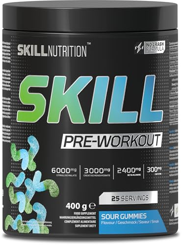 Skill Nutrition Pre-Workout Sour Gummies - No-Crash Formula with Extended-Release Caffeine | Xtenergy®, TheaGreen™, Vitacholine®, Astragin® | Vegan, Halal | B-Vitamins, Citrulline, Beta-Alanine