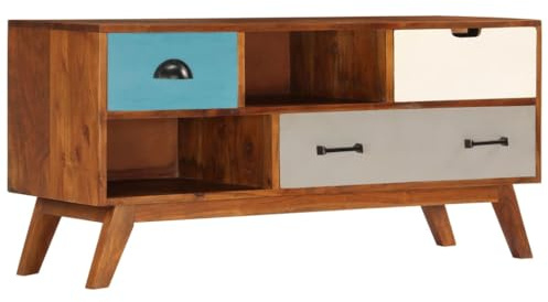 Holamys TV-Schrank Massivholz Akazie, Dunkel Honigbraun, 110x35x50 cm, mit 3 Schubladen & 2 Fächern, Retro Design für Wohnzimmer, Entertainment Center