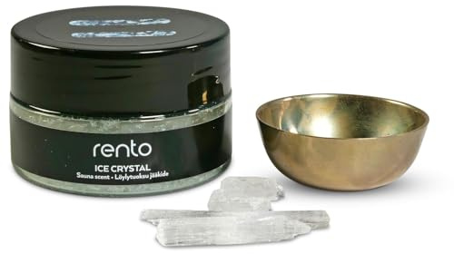 Rento Ice Crystal Menthol Eiskristall Saunaduft 30 g - Inkl. Verdampferschale Ø 5 cm - Naturreiner Spezialaufguss ohne Wasser - Intensiver Mentholduft - Ice-Bits Sauna Set