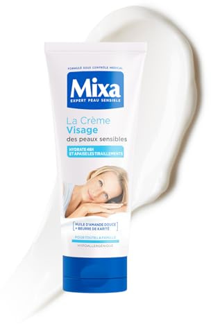 MIXA Crème Visage Peaux Sensibles Hydratation 48H Apaisante 100ml | Huile amande douce, Vitamine E, Hypoallergénique, Testée dermatologiquement, Toute la famille