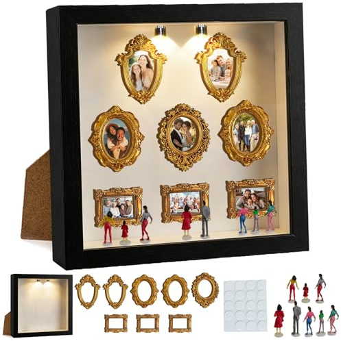 LUKIUP Mini Museum Silhouette Box DIY Set, 8 Mini Goldene Rahmen & 8 Zufällige Figuren Set, Kreativer Bilderrahmen mit LED Licht, Idee für Jahrestag Geschenke Freunde