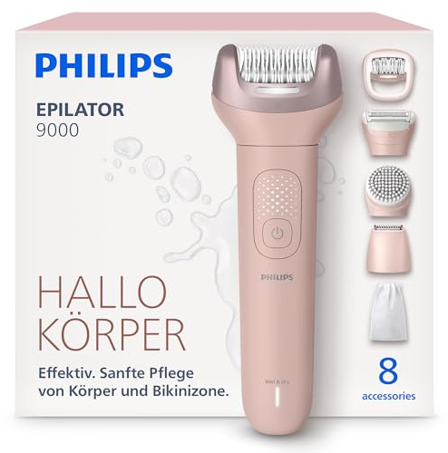 Philips Epilierer Series 9000 - Kabelloser Epilierer für Nass- und Trockenanwendung, Haarentfernung für Beine, Körper und Bikinizone, mit ProGuide, 8 Zubehörteile, 60 Min. Akku, Modell BRE719/00