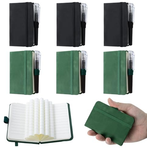 6 Stück Notizbuch Klein A7 Mini Notizblock mit Stift Hardcover PU Leder | Schwarz Grün Notizblock a7 11 X 8 cm Liniert mit Gummizug Und Stifthalter Pocket Notebook für Büro Schule Arbeit Reisen