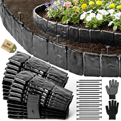 Bordure Jardin Exterieur, Bordure de Jardin Flexible Plastique (Noir) | Bordure de Gazon Clôture Effet Pierre Bord la Pelouse, Épaissi Bordures de Pelouse, 5 M (Haut:10 cm)