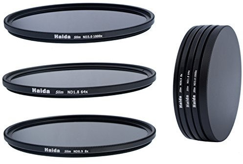 Slim Neutral Graufilter Set bestehend aus 3 verschiedenen Filtern - ND8x, ND64x, ND1000x Filtern 43 mm - Inkl. Stack Cap Filtercontainer und Lens Cap