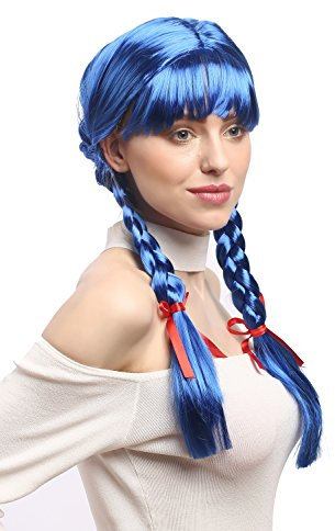 WIG ME UP - XR-008-PC3 Perücke Damen Karnveval Fasching Cosplay Zöpfe geflochten mit Schleifen Pony Schulmädchen Lolita Blau ca. 60 cm