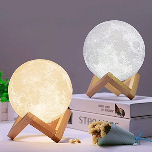 MAYROUND 3D Full Moon Lamp, 15cm/5.9 Inch LED Lunar Moon Night Light Modern Lamp [Touch Control][USB Charging][Free Wooden Stand] Dimmable Brightness Home Decor Gift for Kid,Children,Friends