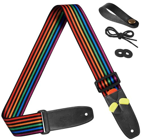 Amumu Gitarrengurt mit Regenbogenstreifen, Polyester-Baumwolle, für Akustik-, E- und Bassgitarren, mit Gurtblöcken und Kopfplatten-Gurtband, Rainbow Stripe, 5