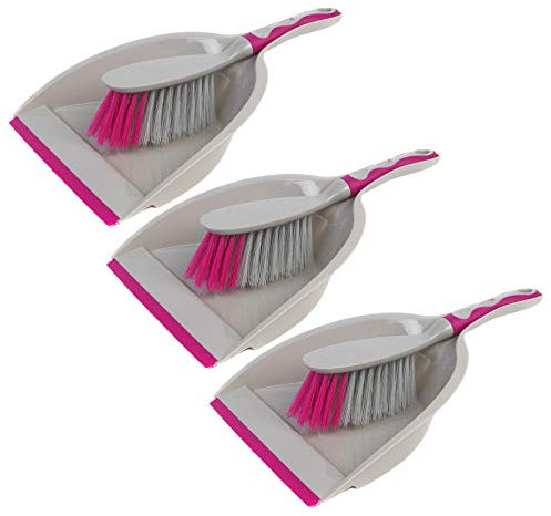 Kleeneze COMBO-5123 Deluxe Handheld Dustpan & Brush Set – Set of 3, Sweeping Broom, Soft Grip Handle, Compact Dustpan with Rubber Lip, Perfect for Dust & Dirt, Ideal for Most Hard Surfaces, Grey/Pink