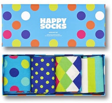 Happy Socks 4-Pack Amazon Big Dot Box, farbenfrohe und fröhliche, Socken für Männer und Frauen, Grün-Blau-Orange-Gelb-Rosa-Weiß (36-40)