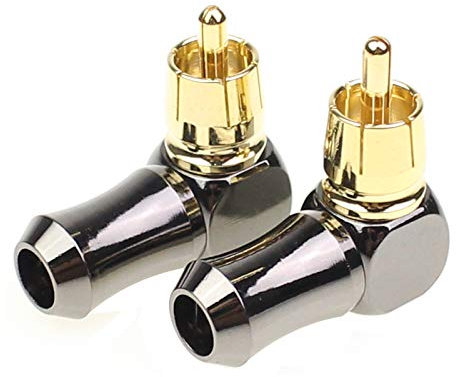 exgoofit Hi End RCA Male Plug Adapter 2-Pack Brass Right Angle Gold Plated Audio Phono Solder Connector 90 Degree with Solid Construction