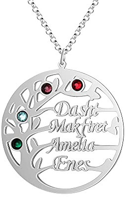 Bo&Pao Kette Lebensbaum mit Namen und Geburtssteine 925 Sterling Silber, Baum Kette mit Gravur, personalisierte Familien Stammbaum Kette