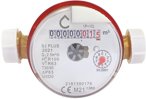 SOMATHERM PARA YOU, Medidor de agua de chorro único para agua caliente, calibre 15, macho 20/27, compatible con MID, lectura de 8 rollos, esfera seca orientable, preequipada para sensor de pulso
