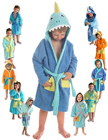 LEBENGOOD - Accappatoio Bambini adolescenti Cotone: Bambino, Bambina, 100% Cotone OEKO-TEX - 2 tasche, cintura, cappuccio (6-8, Cappuccio squalo)