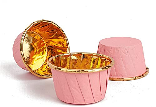 GaoBangM 50 Pcs Cupcake Cases, Cake Muffin Liners, Greaseproof Foil Baking Cups Paper Wrappers, Metallic Cake Cups Household Oven Birthday Wedding Party Muffins Pastry Molds (Pink)