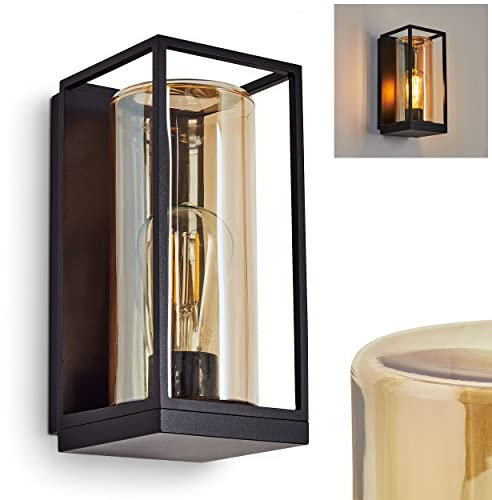 Außenwandleuchte Palanga, Wandlampe aus Metall in Schwarz und 2 Gläsern (Bersteinfarben/Klar, 22 cm),1-flammig, Industrial Style Außenlampe mit Lichteffekt an der Wand, 1 x E27, IP44,ohne Leuchtmittel