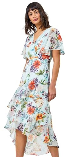 Roman Frill Dress for Women UK Ladies Summer Wrap Chiffon Frill Hem Layered Belted Midi Maxi Tiered Cape Special Occasion Fit & Flare Wedding Guest Swing Skater - Sage Green - Size 12