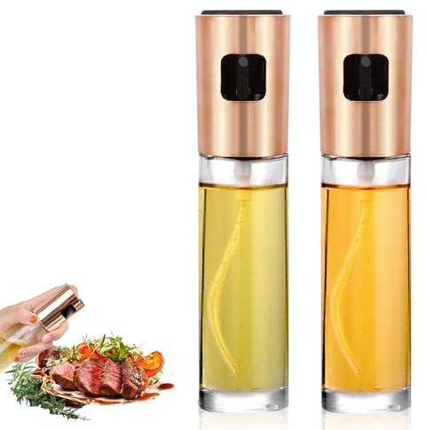 Beufee 2PCS Olive Oil Spray Bottle, Rose Gold Oil Sprayer Dispenser Olive Oil Sprayer for Cooking Transparent Bottle Vinegar Sprayer Cooking Oil Spray Bottle for Salad, Barbecue, Baking in the Kitchen