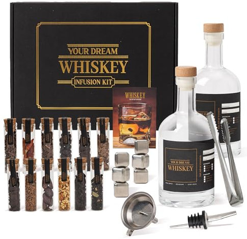 Cadeaux de whisky pour homme – Kit de fabrication de whisky – Kit d'infusion de whisky pour homme avec bouteilles, copeaux de bois, botaniques, pierres à whisky – Ensemble cadeau pour homme – Ensemble