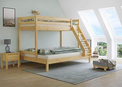 Erst-Holz®Doppel-Etagenbett 140x200 und 90x200 Erwachsenen-Stockbett Kiefer Massivholz Natur V-60.18-09-14Rollrost inkl.