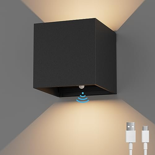 K-Bright Akku Wandleuchte mit Bewegungsmelder Innen, 5W LED Akku Wandlampe 3000K Up Down Design Einstellbarer Abstrahlwinke für Wohnzimmer,Schlafzimmer, Flur,Treppen, Schwarz