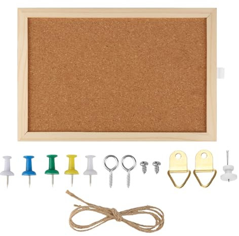 Pinnwand Kork, Pinnwand Aus Kork mit Holzrahmen, Natürliche Korkoberfläche Kork Pinnwand mit Pushpins Hanfseil Haken, Umweltfreundliche Cork Board Pin Board mit Schraube für Foto, 30x20cm