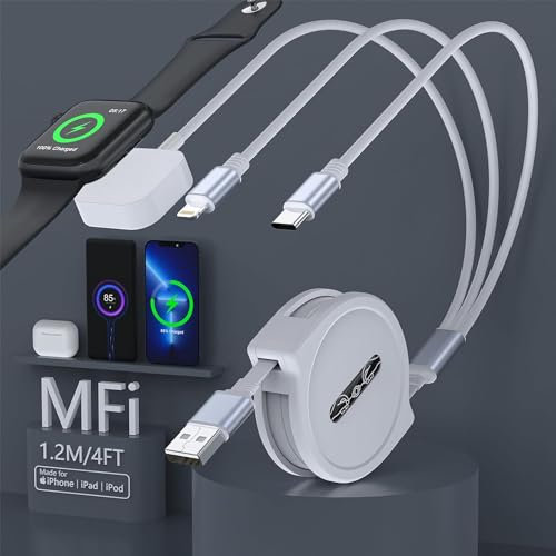2023 Retractable iWatch Charger for Car, 3 in 1 Retractable Multi Apple Watch Charger Charging Cable 3 Chargers Simultaneous 3A Rapid for Apple Watch Series, iPhone & Pad Series