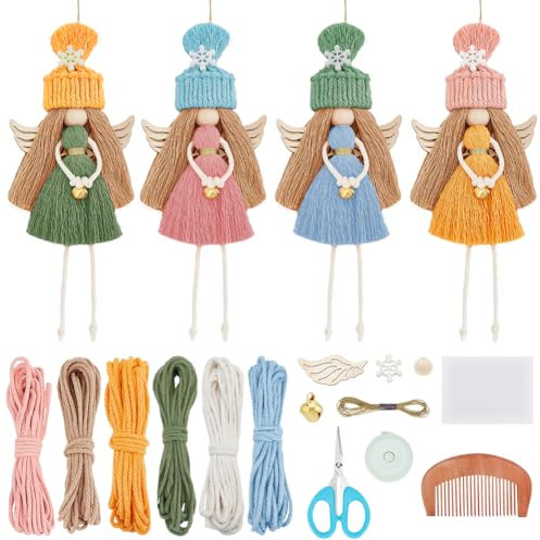 FREEBLOSS 4 Satz DIY Makramee-Engel-Bausatz Weihnachten Makramee Engel Kit Makramee hängende Ornament Makramee hängende Dekoration DIY Makramee-Kit für Anfänger