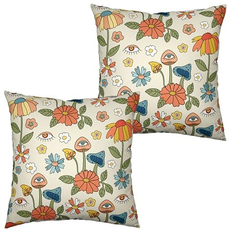 Kwlegh Kissenbezug mit Pilz-Blumenmuster, Retro-Stil, 70er-Jahre-Stil, dekorative Pilze, lustig, dekorativer Kissenbezug für Frühling, Sommer, Heimdekoration, Sofa, 2 Stück
