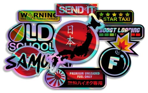 Finest Folia JDM Aufkleber Set für Auto Motorrad Helm Japan Stickerbomb japanische OEM Sticker Tuning Autoaufkleber Folie selbstklebend wetterfest R207 (Stickerbogen 4, Mit Hologramm Effekt)