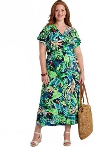 Afibel - Robe Longue Évasée Imprimé Tropical Femme Vert Viscose - Taille : 50/52