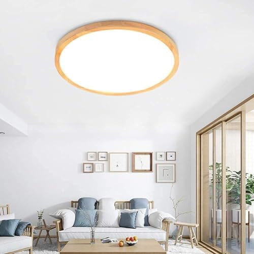 LED Holz Deckenleuchte Ultradünne Rund Eiche Deckenlampe Dimmbar mit Fernbedienung Schlafzimmerlampe, Wohnzimmerleuchte, IP44, auch für Badezimmer, Garage, Arbeitszimmer, Esszimmer, Wandleuchte, Ø50cm