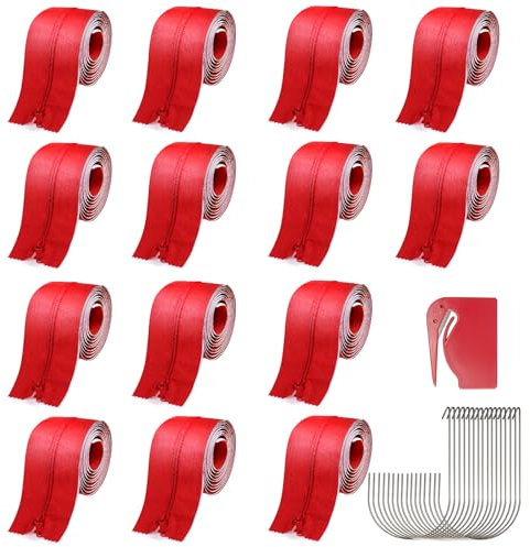 14 Rolls Heavy Duty Zippers 7 Ft x 3 Inches Red Zipper Tape for Dust Barriers Self Adhesive Instant Zipper Door Kits Dust Protector Zipper with 16 Pcs Flap Hooks 1 Sheeting Cutter