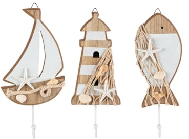 3er Set Holz Kleiderhaken Maritim Deko Fisch/Segelboot/Leuchtturm Kinder Wandhaken Garderobenhaken Schlüsselhaken Haken für Wohnzimmer Schlafzimmer Badezimmer Wanddeko, 14 cm