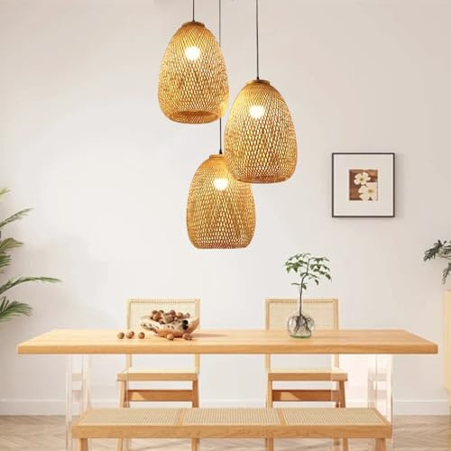 Pendelleuchte 3-Flammig Vintage Esstisch Rattan Bambus Pendellampe Retro Stil Laterne E27 Kronleuchter Antik Lampe Landhaus Hängelampe Wicker Lampenschirm Schlafzimmer Wohnzimmer Cafe Bar Deckenlampe(