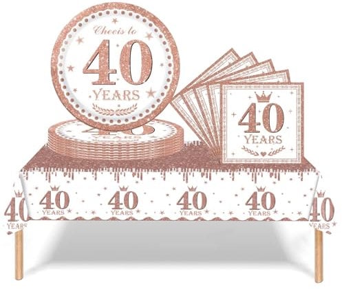 Juego de vajilla de 37 piezas de 40 cumpleaños, color rosa y dorado, decoraciones de 40 cumpleaños con platos y servilletas de papel para fiestas, mantel de plástico para mujer, decoración de mesa de