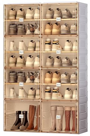 Mayi Box Shoe Storage Cabinet, Tall Shoe Rack Storage for Hallway, Installation Free Foldable Clear Shoe Cabinet Storage Containers Bins with Magnetic Door 7 Tiers 28 Pairs